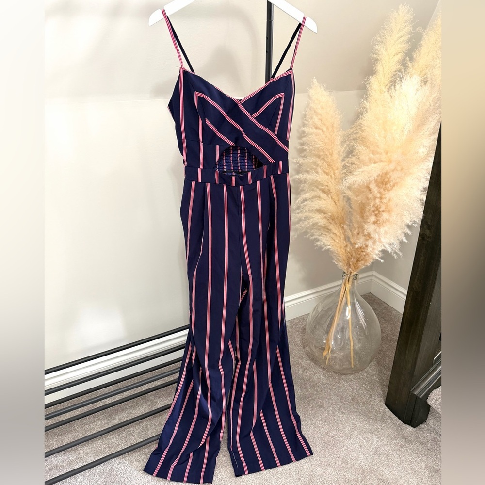 Japna Navy Red Striped Wide Leg Jumpsuit | Smocked Back Palazzo Jumpsuit